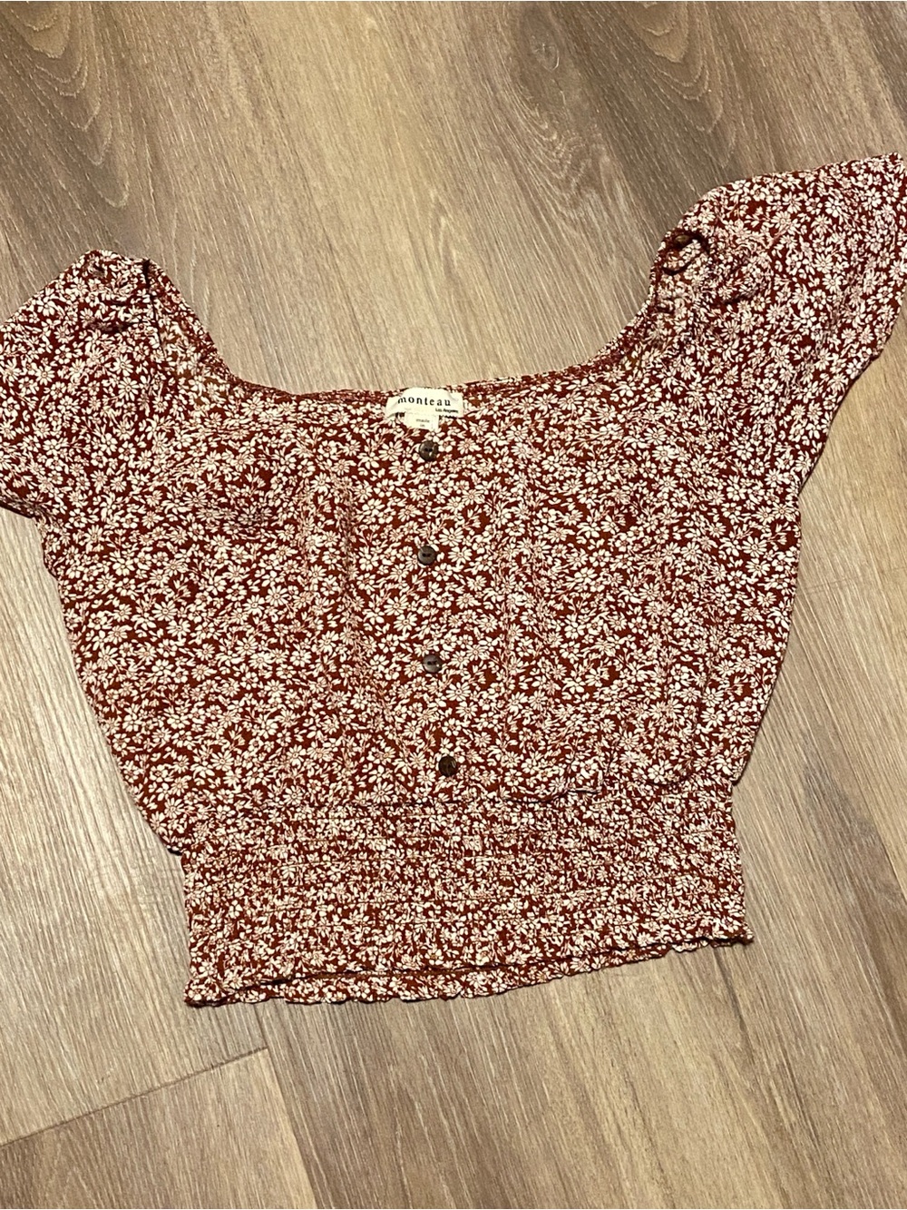 Monteau Burgundy Floral Button-Front Crop Top